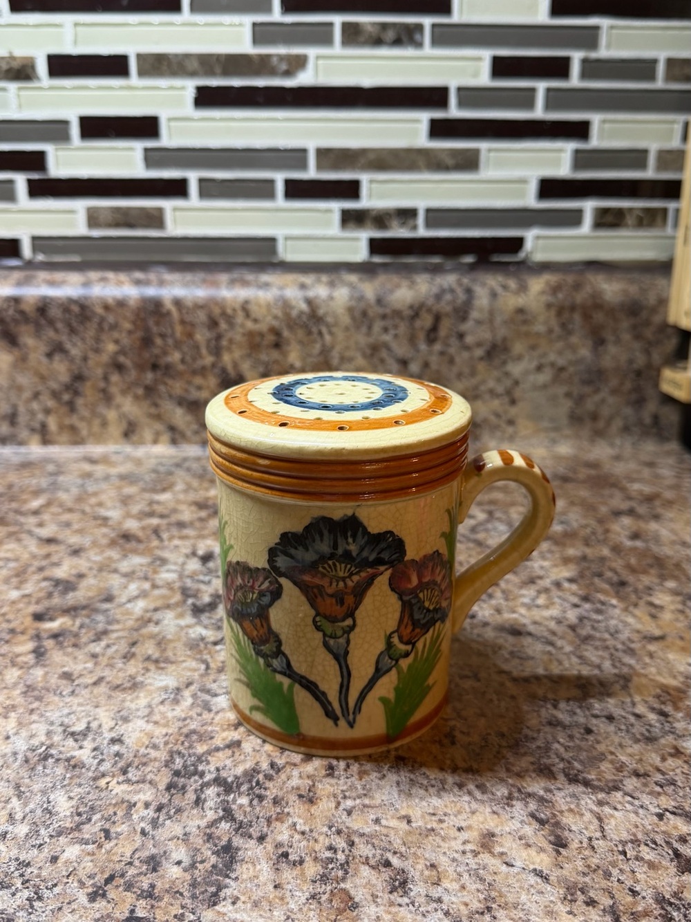 KORO Ceramic Spice Shaker Beige Floral Decorated Rustic Blue Accents